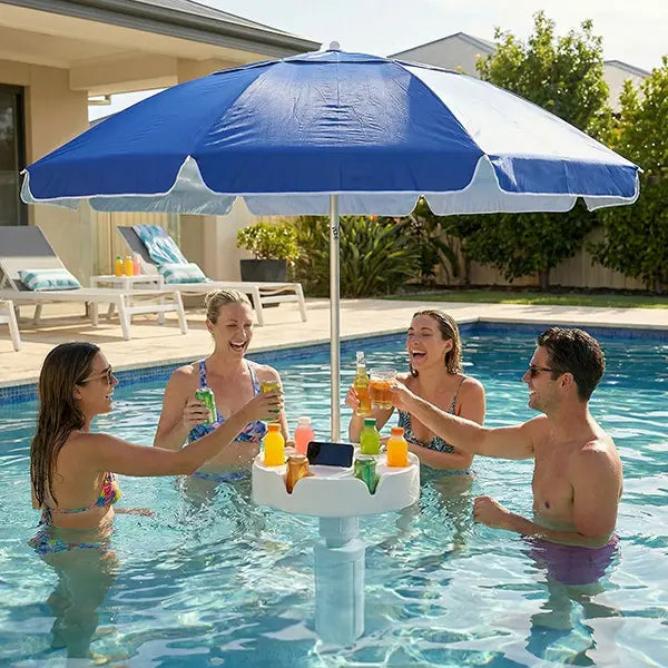 Floating Pool Umbrella with Bar and Base, Portable Pool Bar Table Umbrellas with Cup Holder & Phone Stand, Floating Poolside Shade