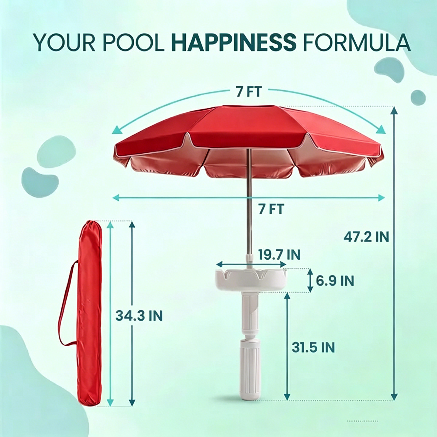 Floating Pool Umbrella with Bar and Base, Portable Pool Bar Table Umbrellas with Cup Holder & Phone Stand, Floating Poolside Shade